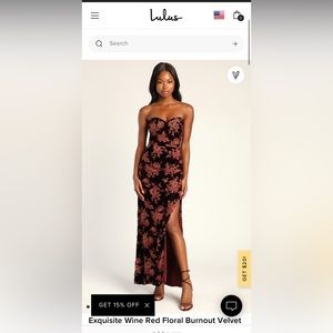 Lulus wine red floral burnout velvet maxi dress, size XS